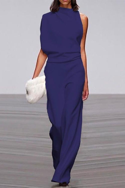 Solid One Shoulder Wide Leg Jumpsuit