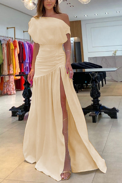 Midnight Chances One Shoulder Ruched Detail Slit Maxi Dress