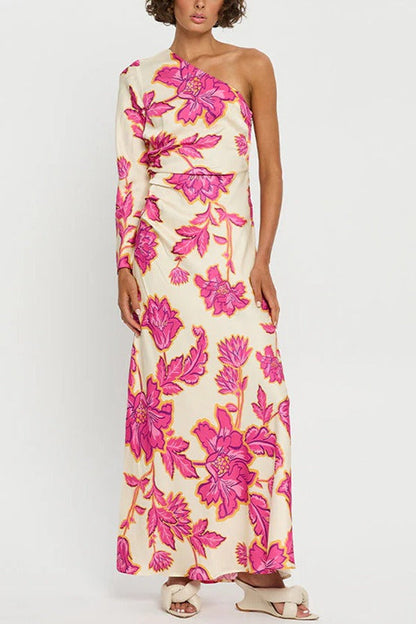 Satin Rose Print One-Shoulder Maxi Dress