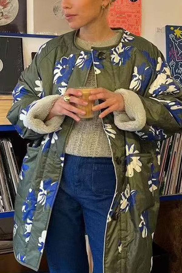Floral Printed Round Neck Single Breasted Thin Cotton Jacket