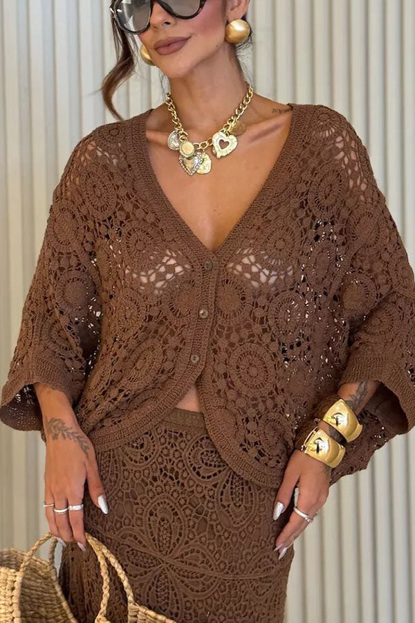 Anina Knit Crochet Cutout Button Up Batwing Half Sleeve Loose Cover-up Top