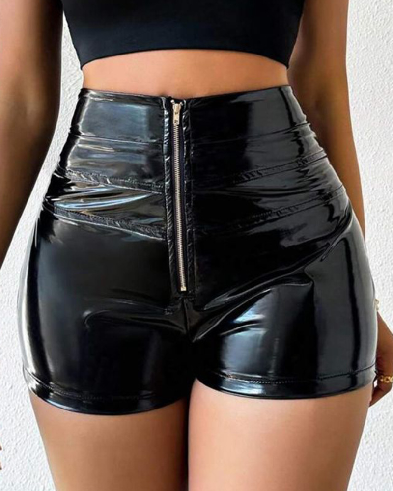 PU High-Waisted Elastic Splicing Shorts