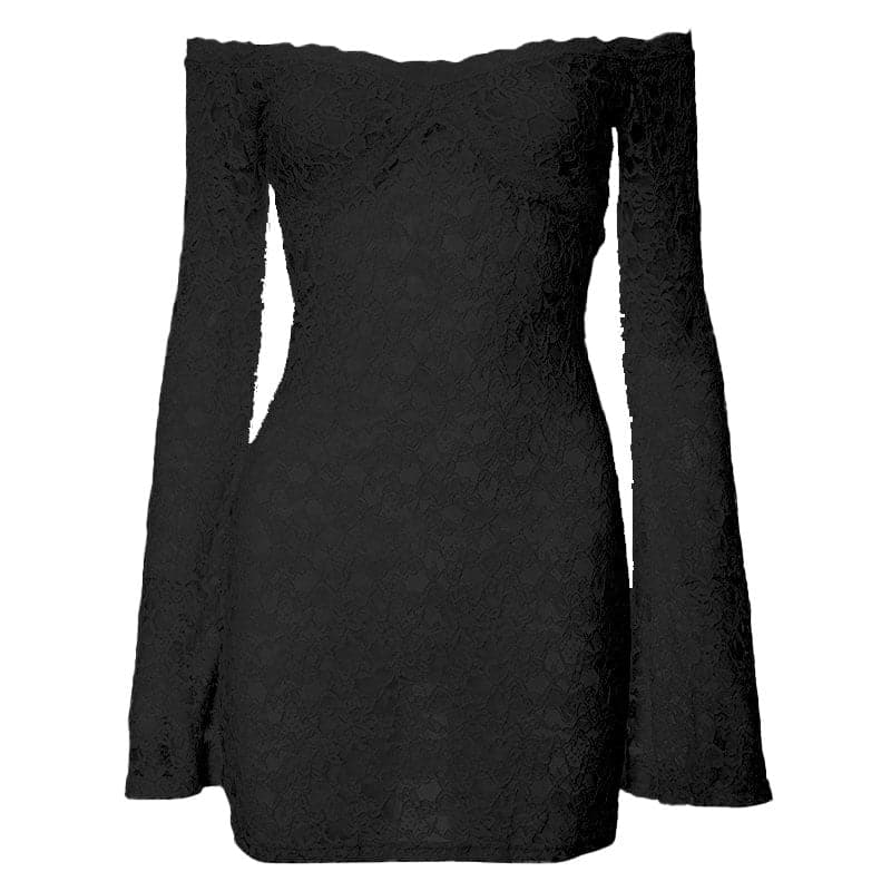 Long flared sleeve off shoulder lace see through mini dress