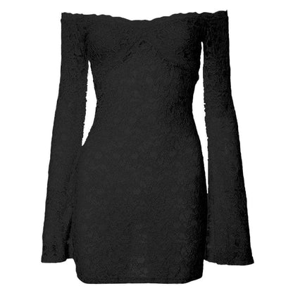 Long flared sleeve off shoulder lace see through mini dress