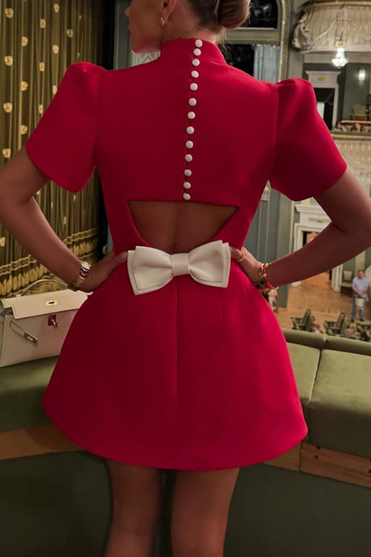Mandarin Collar Button Back Cut Out Bow Waist Tulip Sleeve Mini Dress