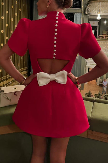 Mandarin Collar Button Back Cut Out Bow Waist Tulip Sleeve Mini Dress