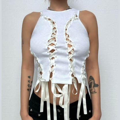 Sleeveless round neck lace up hollow out ribbed crop cut out top