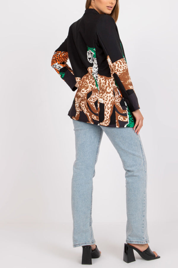 Leopard Print Contrast Slim Fit Long Blazer