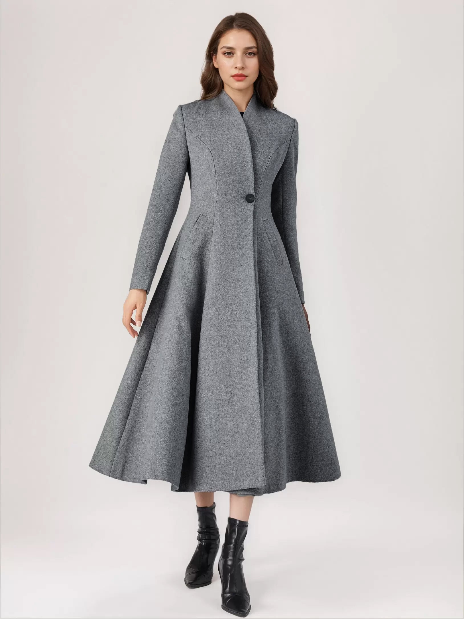 Wool Blend Flared Coat For Woman One Button Gray A-line Winter Midi Outerwear 2026