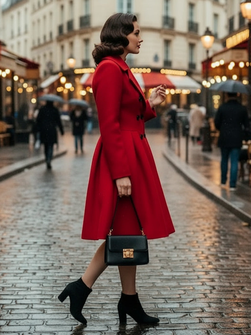 Retro Red 1950s Double-Breasted A-line Woolen Coat For Women 2026