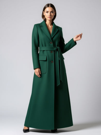 Belted Full Length Maxi Woolen Coat With Lapel And Big Pockets For Women 2026