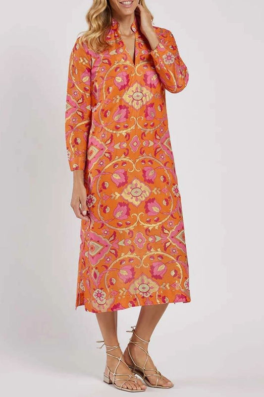 Stand Collar Printed Midi Dress