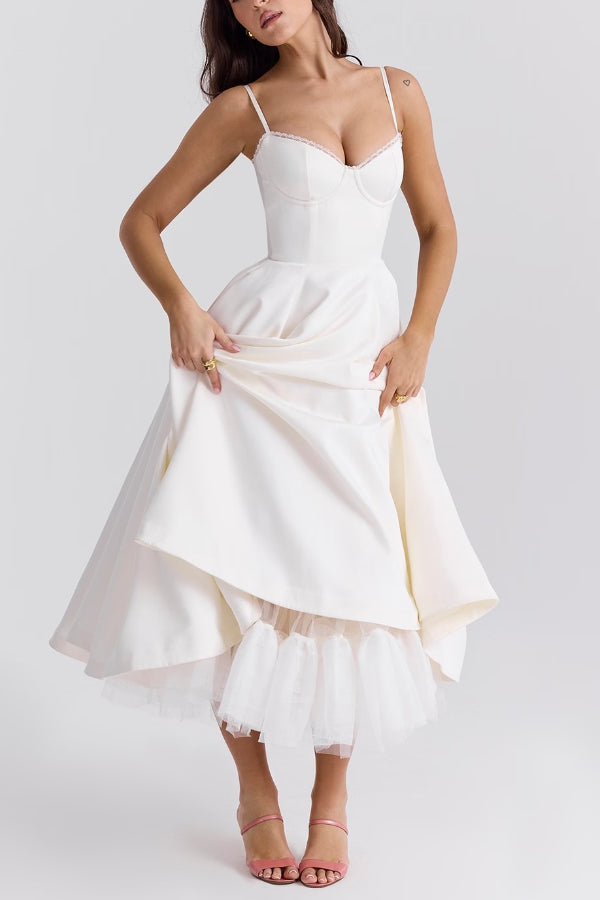 Lace Trim Sweetheart Corset Bodice Tulle Petticoat Fit and Flare Midi Dress
