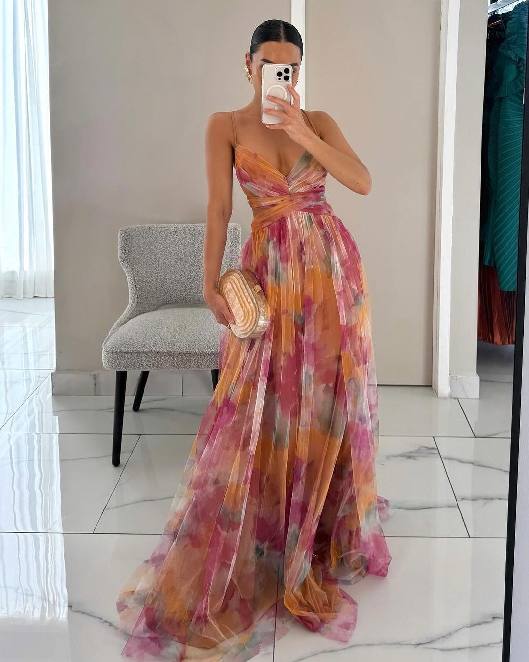 The Giselle — Watercolor Pleated Maxi Dress