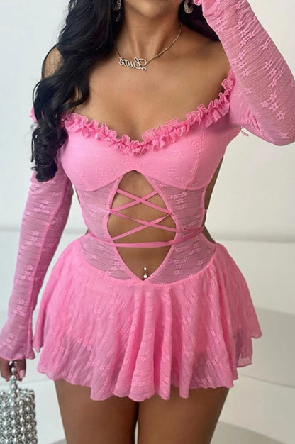 Lace Long Sleeve Ruffle Trim Cutout Lace-Up Crisscross Hem Mini Dress