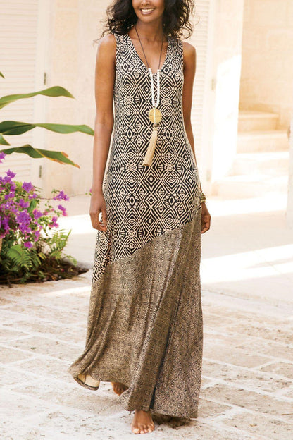 Elegant and Unique Printed V Neck Maxi Dress