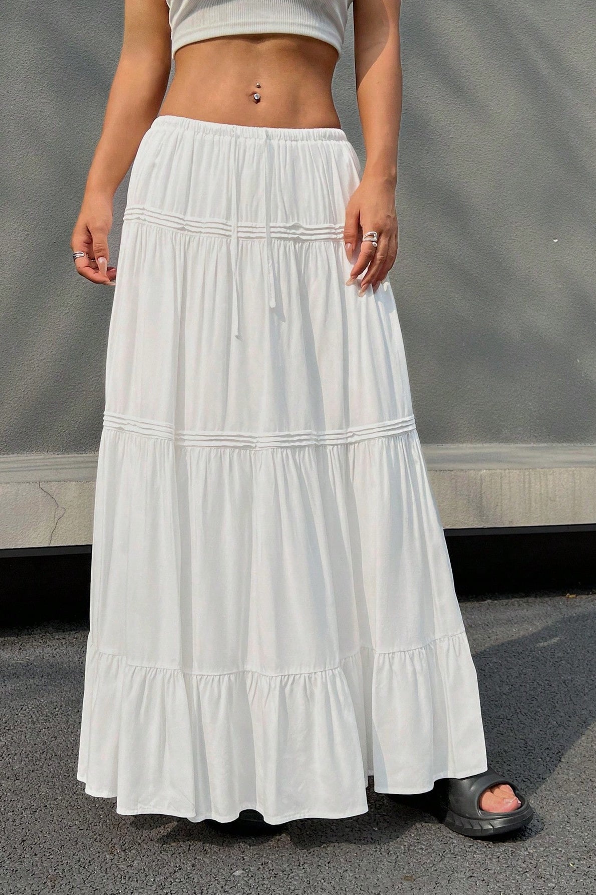 White Casual Tiered Midi Skirt