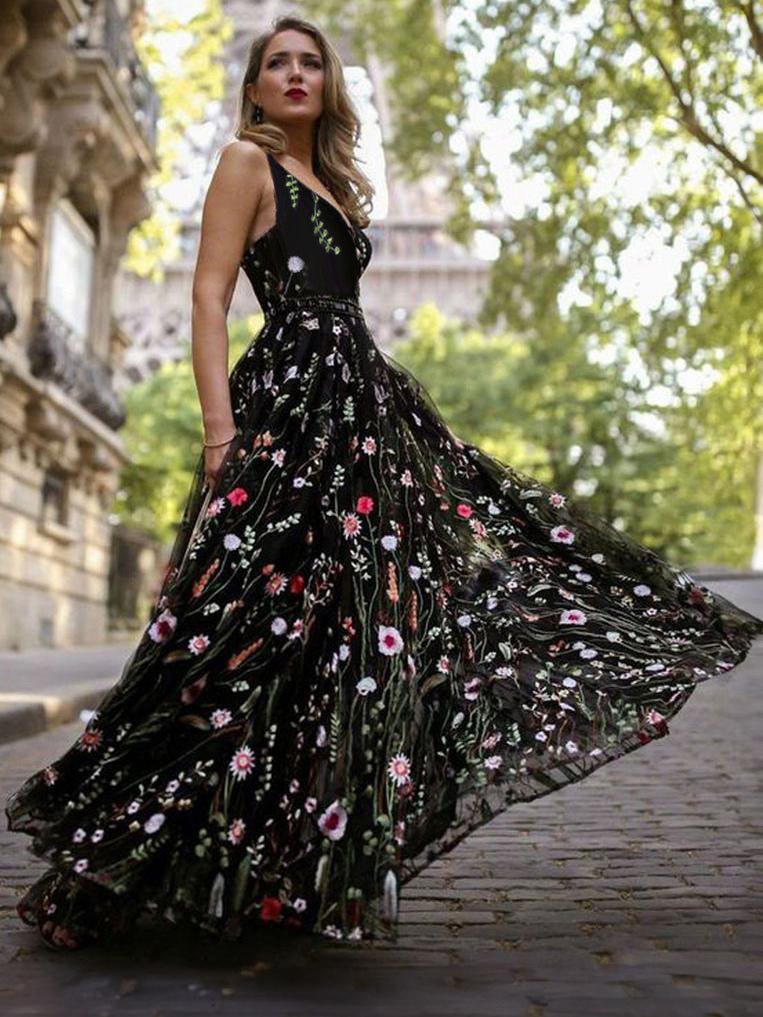 Flower Embroidered Women Maxi Dress - Black V-Neck Tulle Gown - Spring Evening Prom 2026