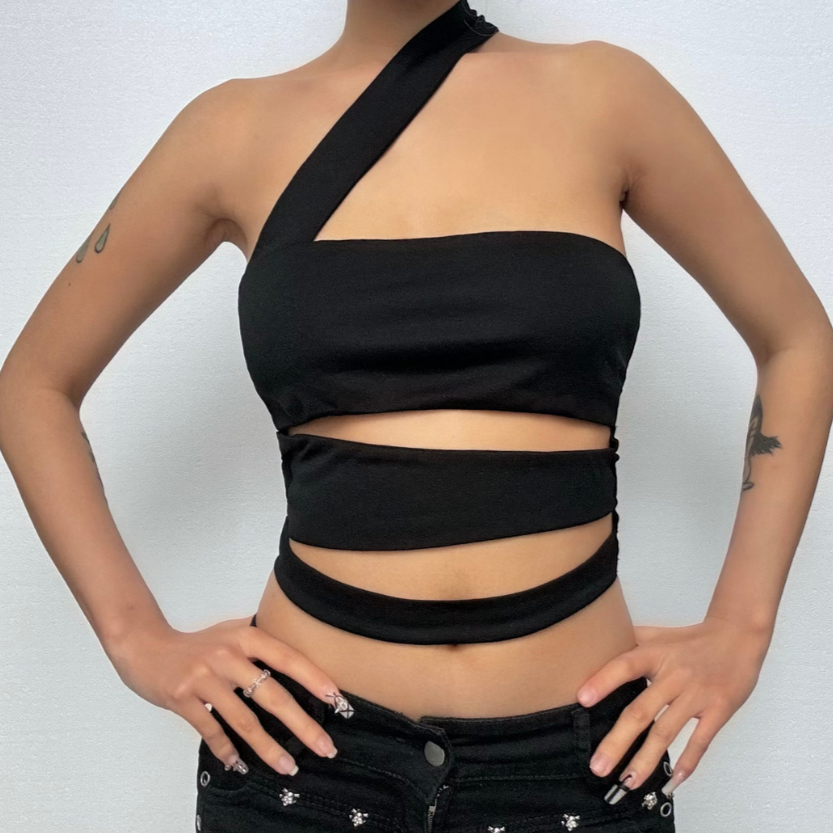 One shoulder irregular hollow out crop cut out top