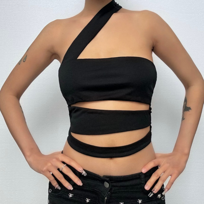 One shoulder irregular hollow out crop cut out top