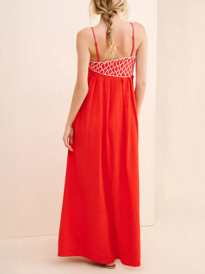 Fish Applique Spaghetti Strap V Neck Maxi Dress