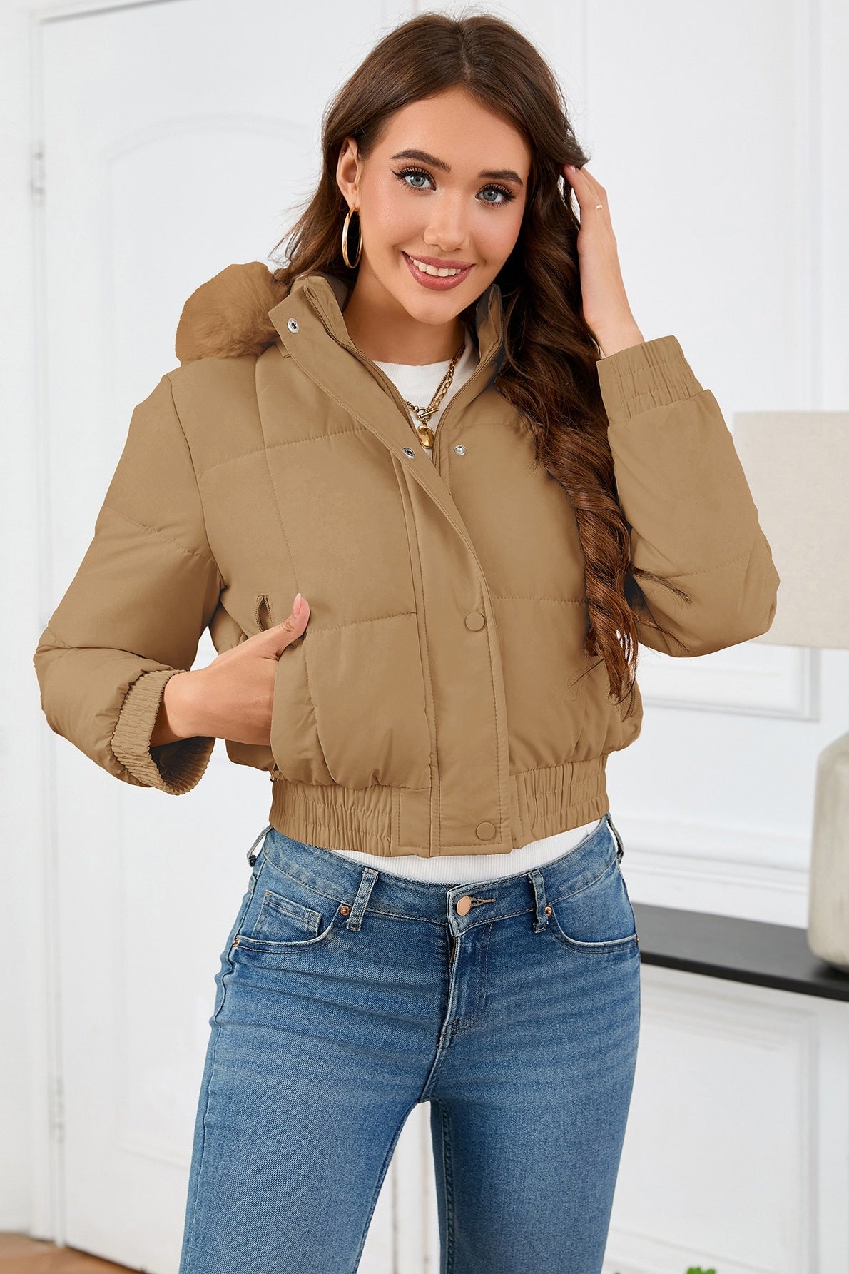 Short High Waist Faux Fur Hood Puffer Jacket