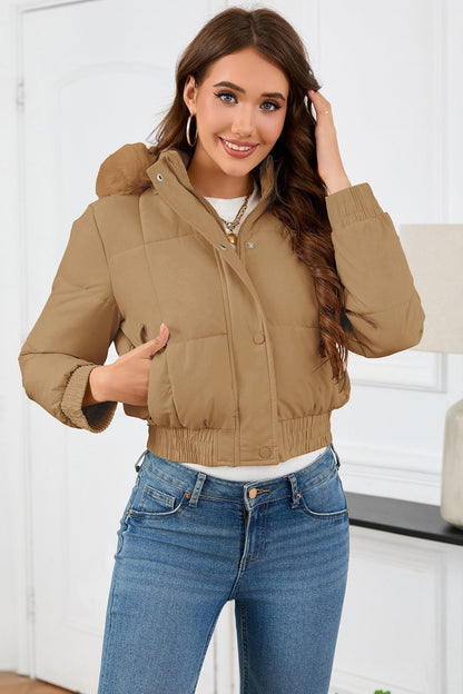 Short High Waist Faux Fur Hood Puffer Jacket
