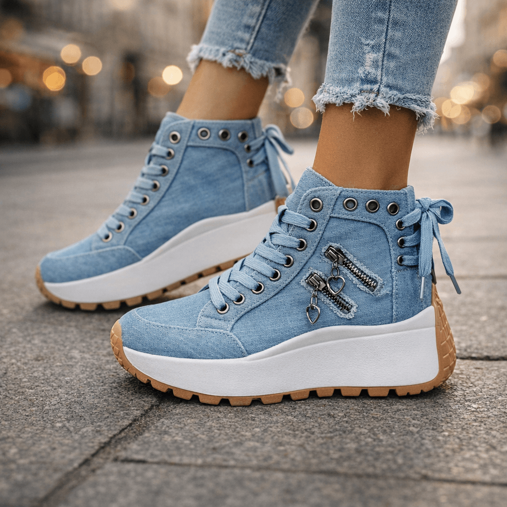 Women’s Chunky Denim Sneakers - Lace Up Street Style Shoes