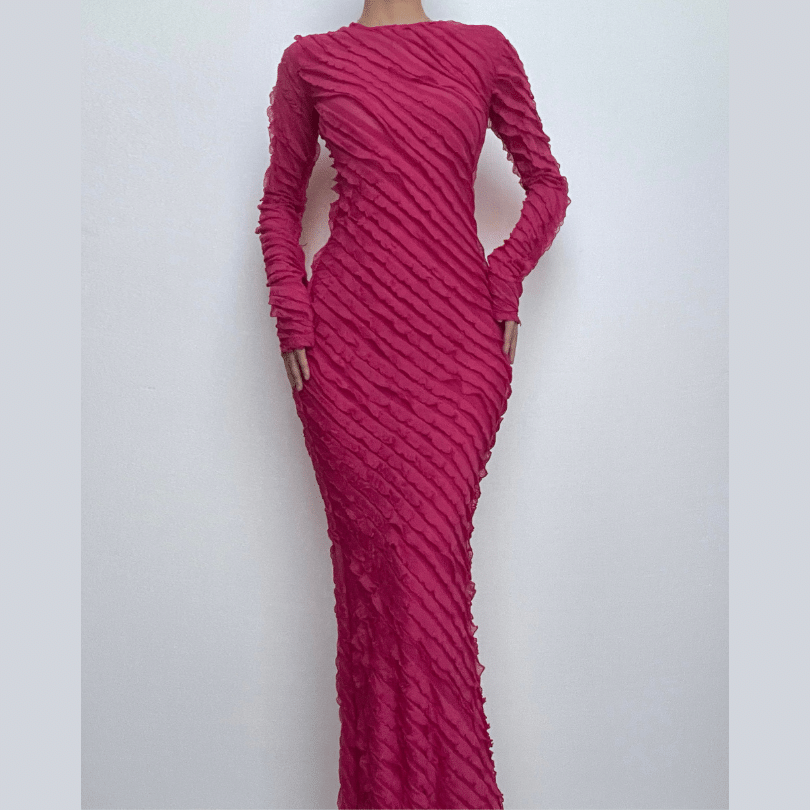 Textured long sleeve crewneck ruffle solid maxi dress-final-sale