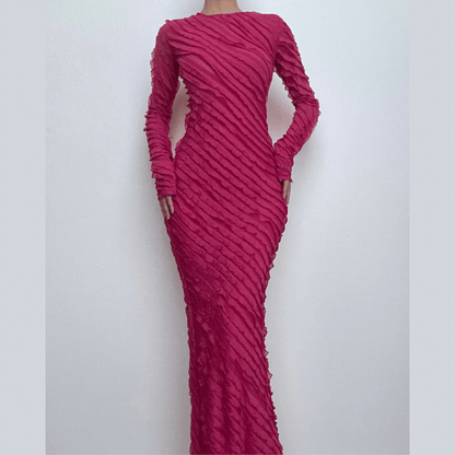Textured long sleeve crewneck ruffle solid maxi dress-final-sale