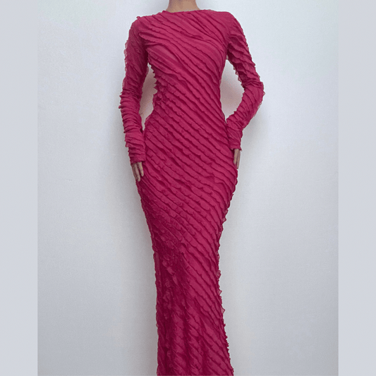 Textured long sleeve crewneck ruffle solid maxi dress-final-sale