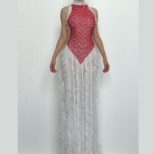 High neck patchwork tassels backless maxi dress