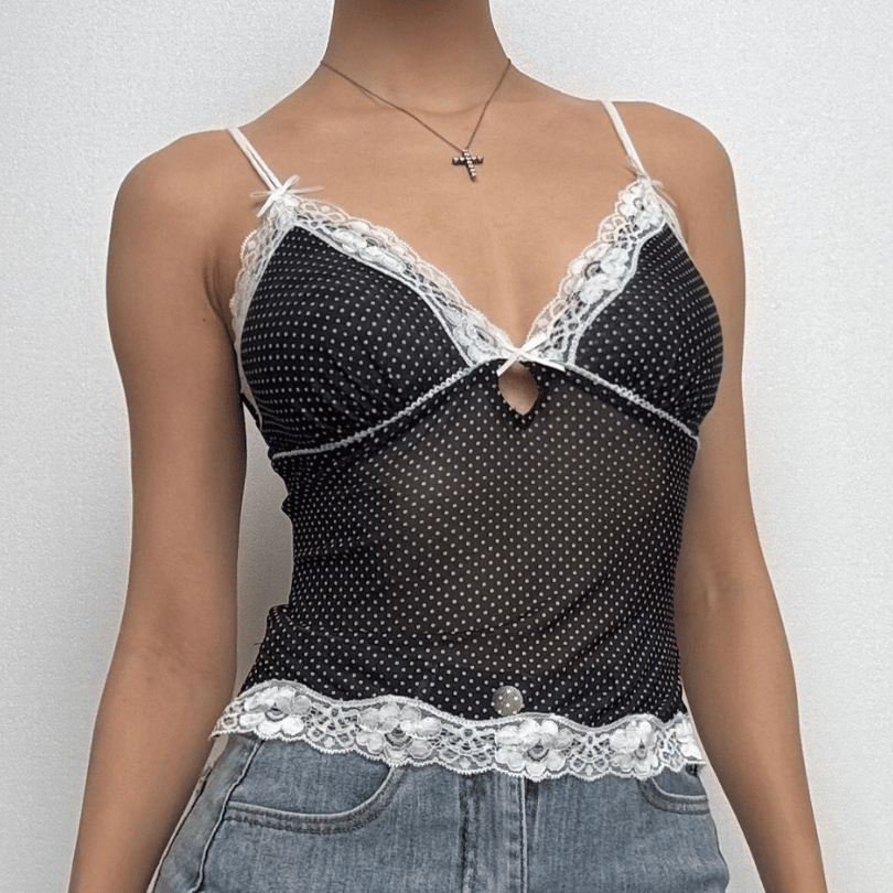 Polka dot lace hem mesh see through cami top