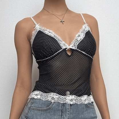 Polka dot lace hem mesh see through cami top