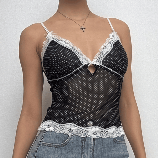 Polka dot lace hem mesh see through cami top