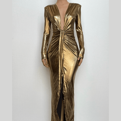 Ruched Metallic Long Sleeve V Neck Knotted Front Maxi Dress