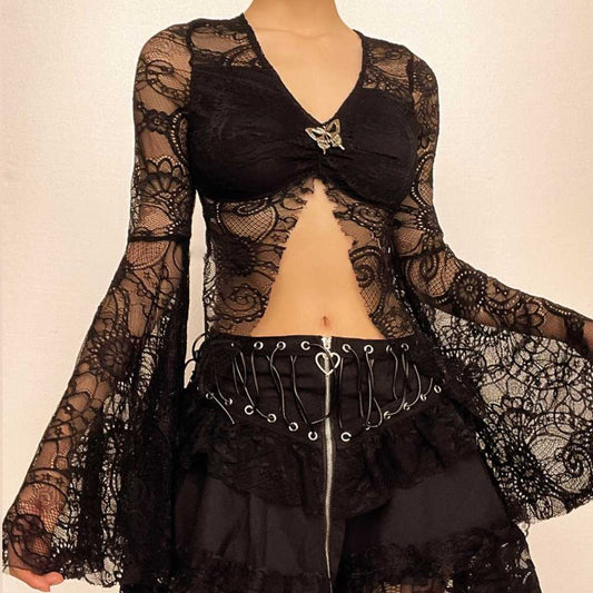 Flared sleeve lace slit v neck solid crop top