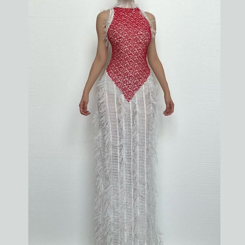 High neck patchwork tassels backless maxi dress-final-sale