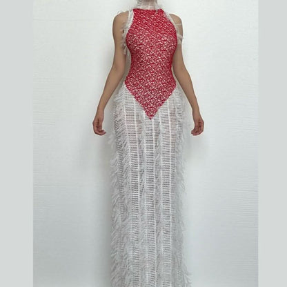 High neck patchwork tassels backless maxi dress-final-sale