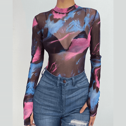 Sheer mesh long sleeve tie dye contrast gloves see through bodysuit