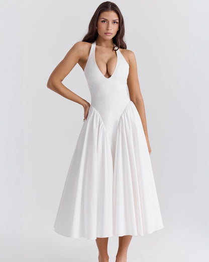 Women's V-Neck Corset Style Midi Dress – Sleeveless Elegant Fitted Tulle Dress
