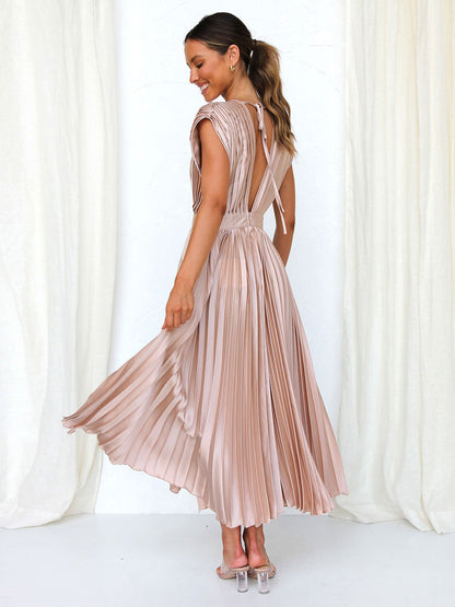 Midi Dress V-Neck Sleeveless Casual Oversized Pleated Party Prom Dress