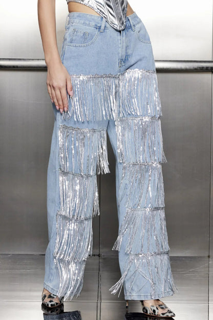 Stylish High-waisted Pocket Tassel Casual Straight Leg Jeans