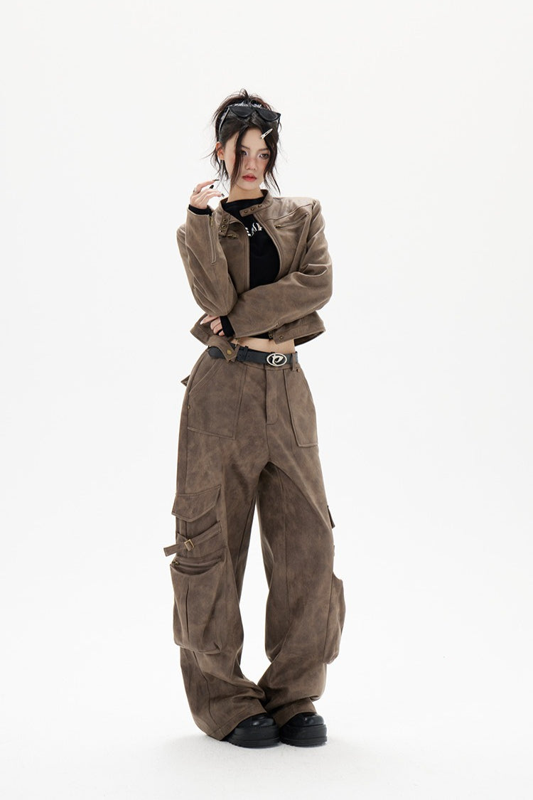 Cropped Biker Style Leather Jacket