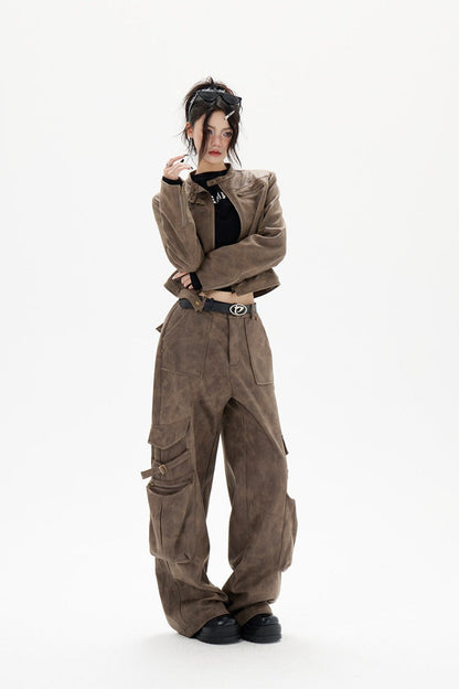 Cropped Biker Style Leather Jacket