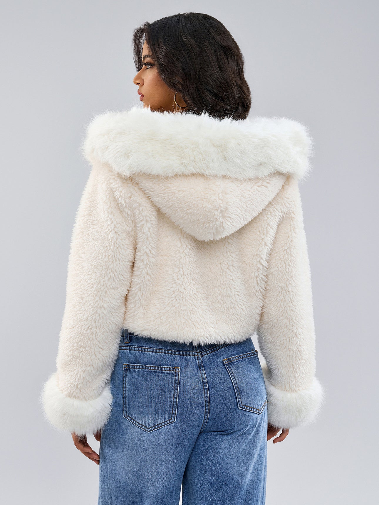 Hooded Faux Fur Coat In White Eco-friendly Winter Cropped Jacket For Women 2026