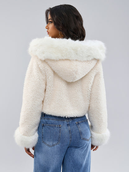 Hooded Faux Fur Coat In White Eco-friendly Winter Cropped Jacket For Women 2026
