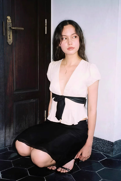 Deep V Neck Bow Tie Waist Blouse