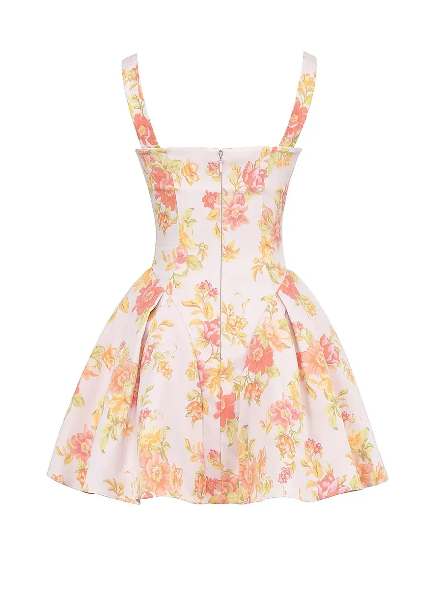 Floral Print Flare Short Irregular Neck Cinch Waist Dress