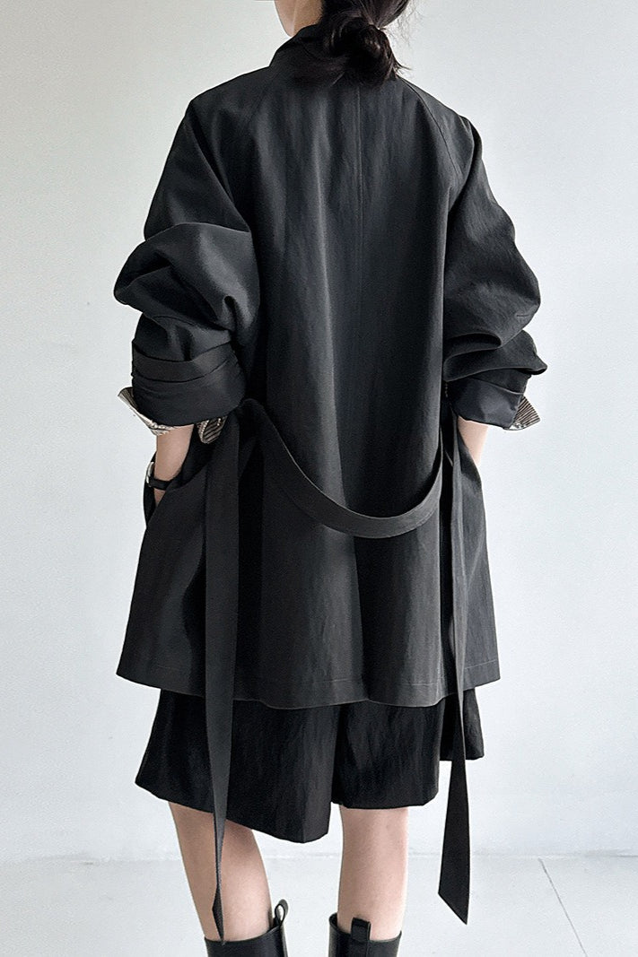 British-Style Stand-Collar Belted Mid-Length Trench Coat